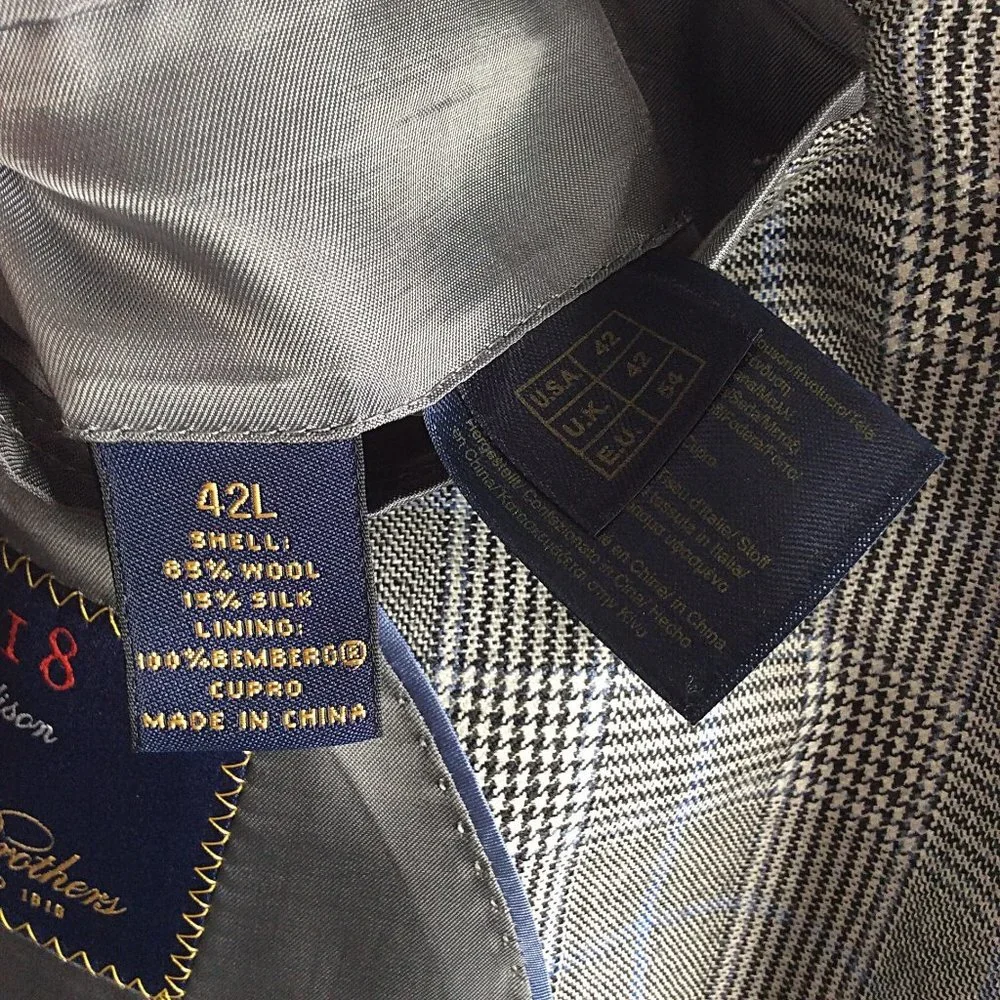 Brooks Brothers 1818 Madison Suit Jacket Mens Size 42L Glen Plaid Wool Silk Gray